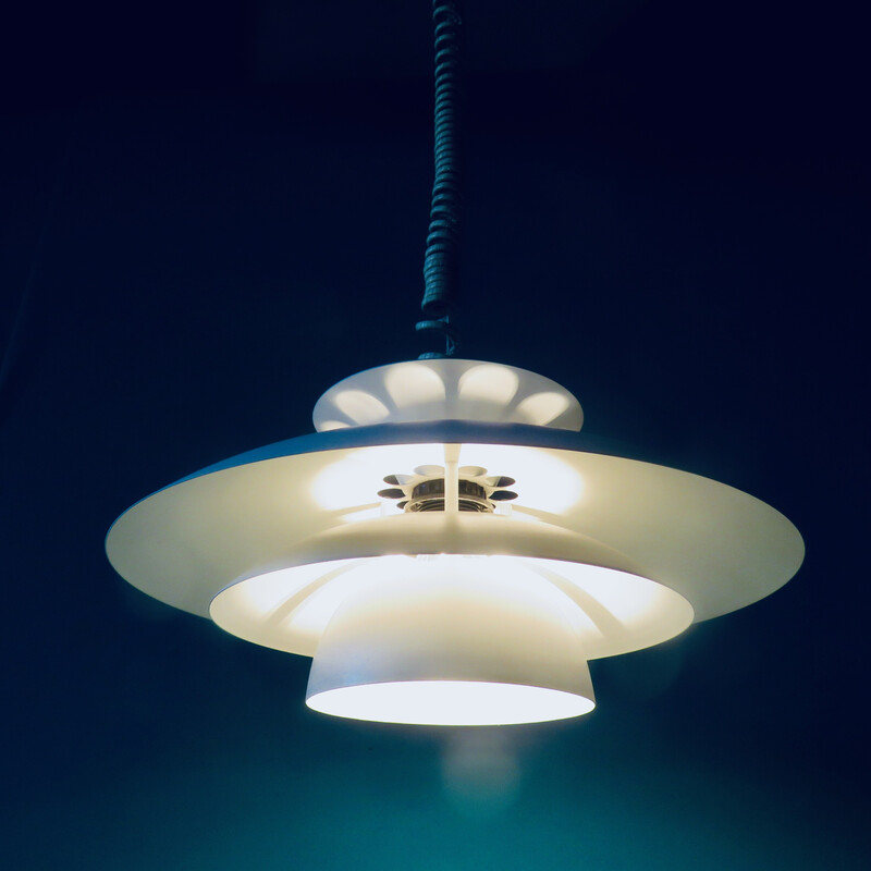 Vintage pendant lamp in white lacquered metal with 3 cups, Denmark 1980