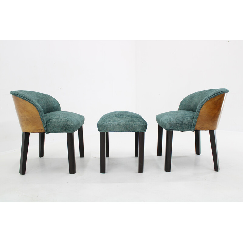 Pair of vintage chairs with stool, Italy 1940