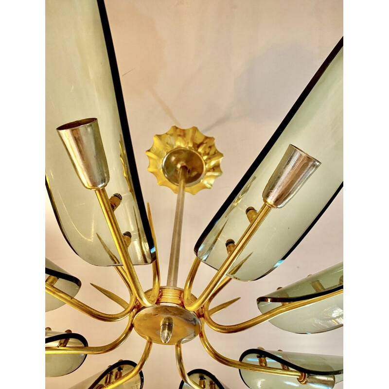 Vintage Dahlia chandelier in golden brass and chrome steel for Fontana Arte, Italy 1970