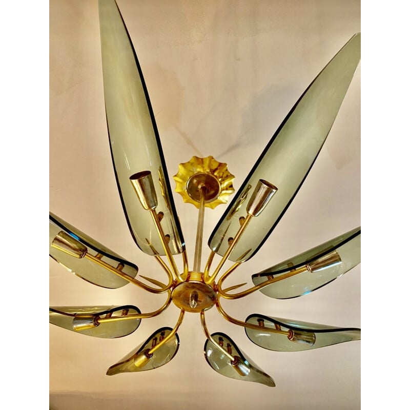 Vintage Dahlia chandelier in golden brass and chrome steel for Fontana Arte, Italy 1970