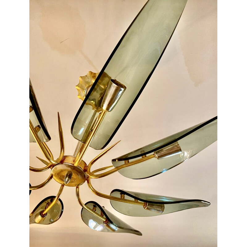 Vintage Dahlia chandelier in golden brass and chrome steel for Fontana Arte, Italy 1970