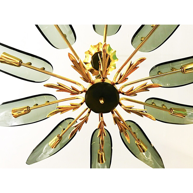 Vintage golden brass chandeliers with 10 branches by Max Ingrand for Fontana Arte, Italy 1960