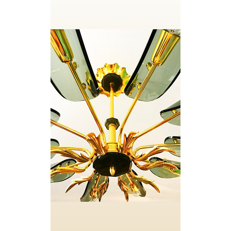 Vintage golden brass chandeliers with 10 branches by Max Ingrand for Fontana Arte, Italy 1960