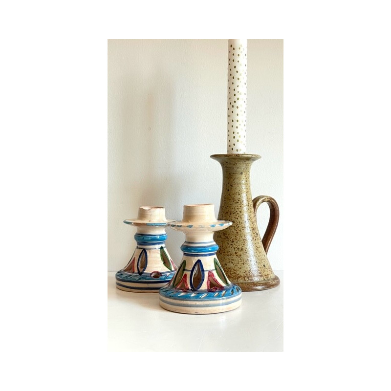 Conjunto de 3 castiçais vintage em cerâmica e grés