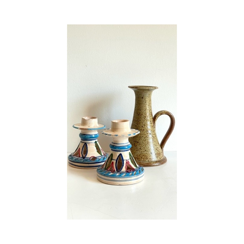 Set of 3 vintage ceramic and stoneware candlestick