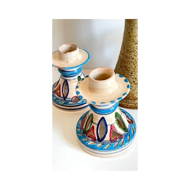 Set of 3 vintage ceramic and stoneware candlestick