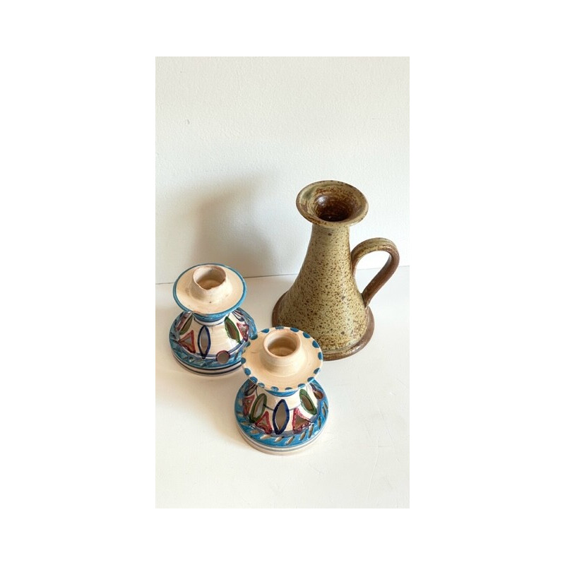 Set van 3 vintage kandelaars van keramiek en steengoed