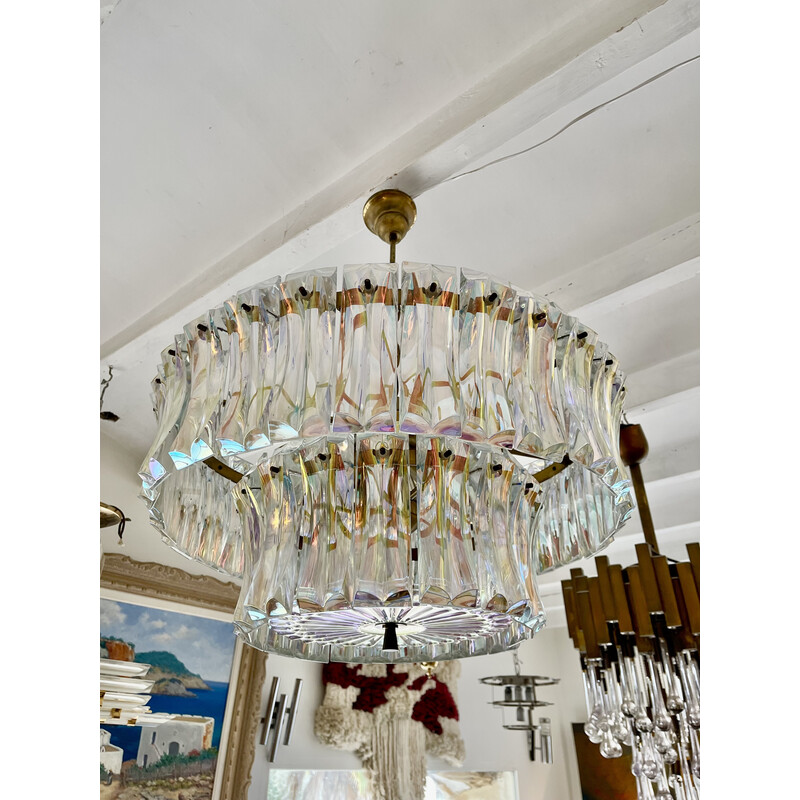 Vintage chandelier in iridescent Murano glass and brass by Venini, Italy 1950