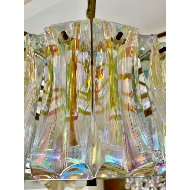 Lampadario vintage in vetro di Murano iridescente e ottone di Venini, Italia 1950