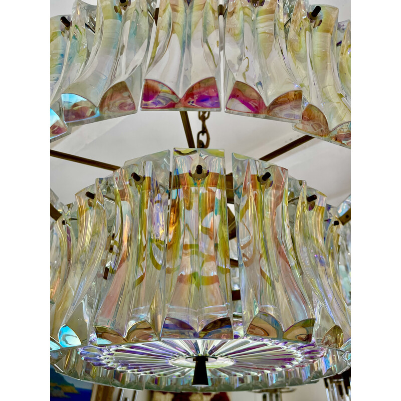 Lampadario vintage in vetro di Murano iridescente e ottone di Venini, Italia 1950
