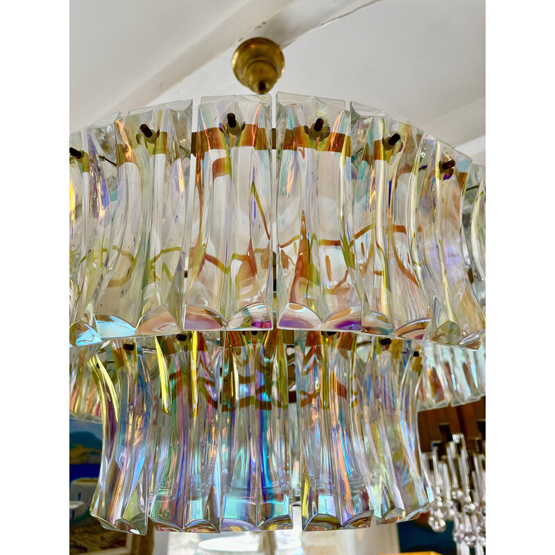 Vintage chandelier in iridescent Murano glass and brass by Venini, Italy 1950