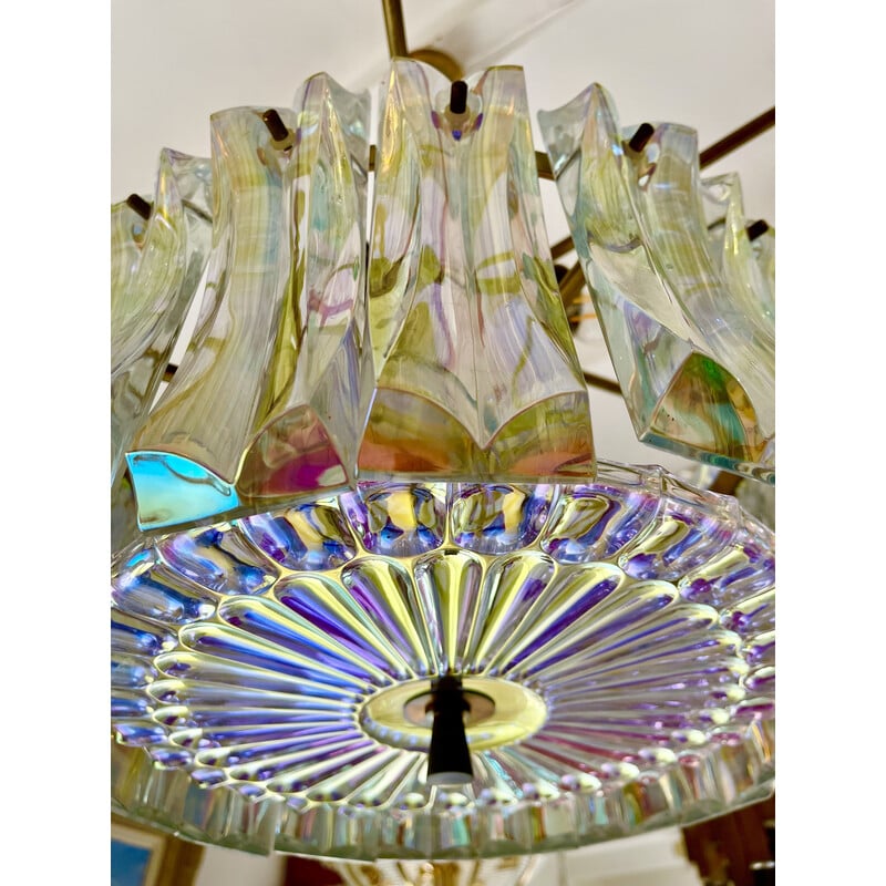 Vintage chandelier in iridescent Murano glass and brass by Venini, Italy 1950