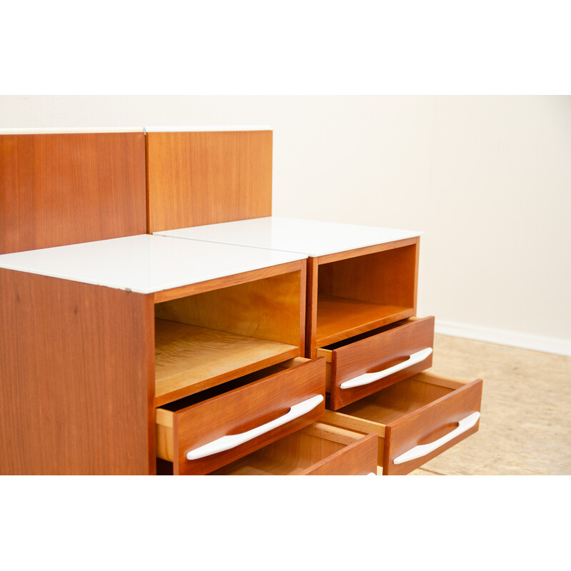 Pair of vintage bedside tables in beech wood and white glass by Mojmír Požár for Up Závody, Czechoslovakia 1960