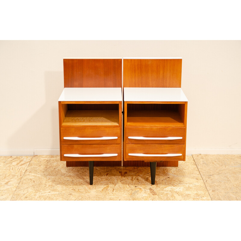 Pair of vintage bedside tables in beech wood and white glass by Mojmír Požár for Up Závody, Czechoslovakia 1960