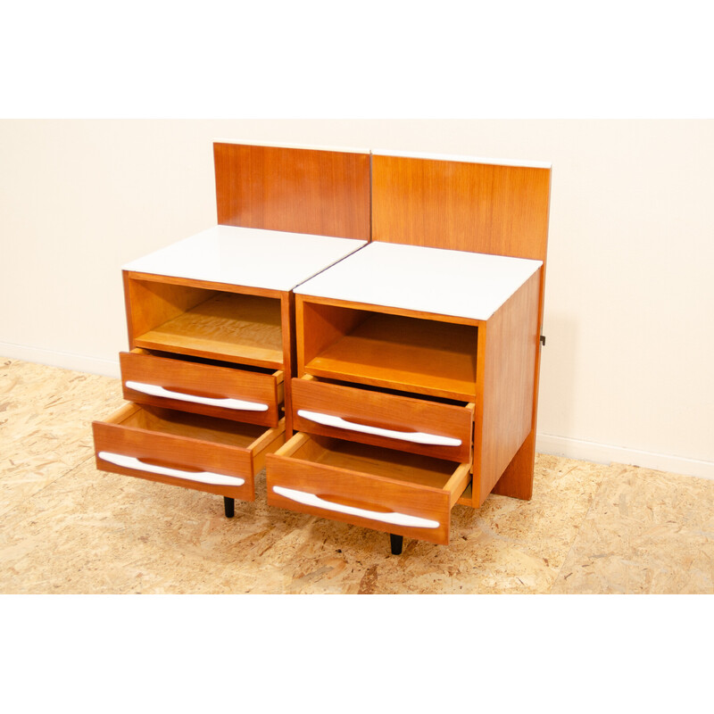 Pair of vintage bedside tables in beech wood and white glass by Mojmír Požár for Up Závody, Czechoslovakia 1960