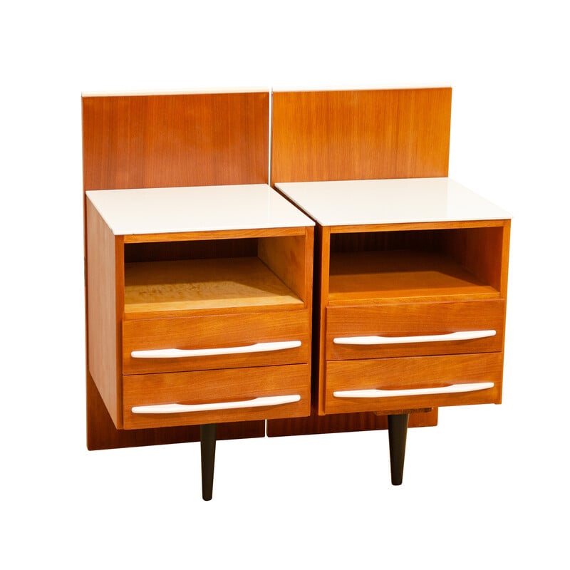 Pair of vintage bedside tables in beech wood and white glass by Mojmír Požár for Up Závody, Czechoslovakia 1960