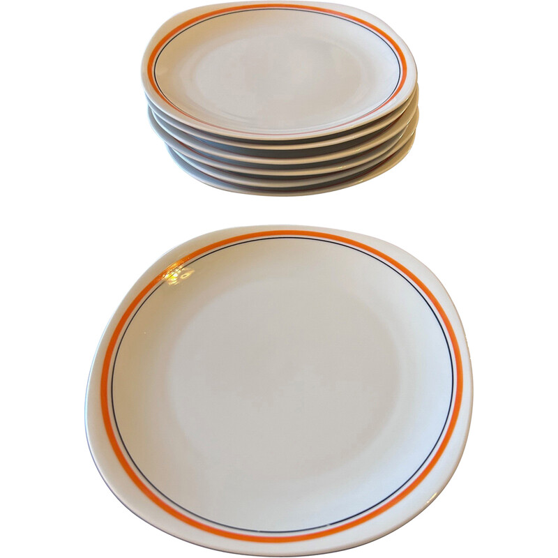 Set of 12 vintage plates with orange edging for Porcelaine du Berry, 1970