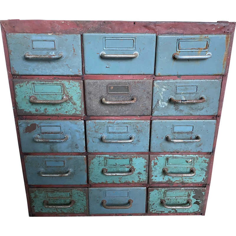 Vintage industrieller Metallhandwerksschrank mit 15 Schubladen für Flambo, 1950
