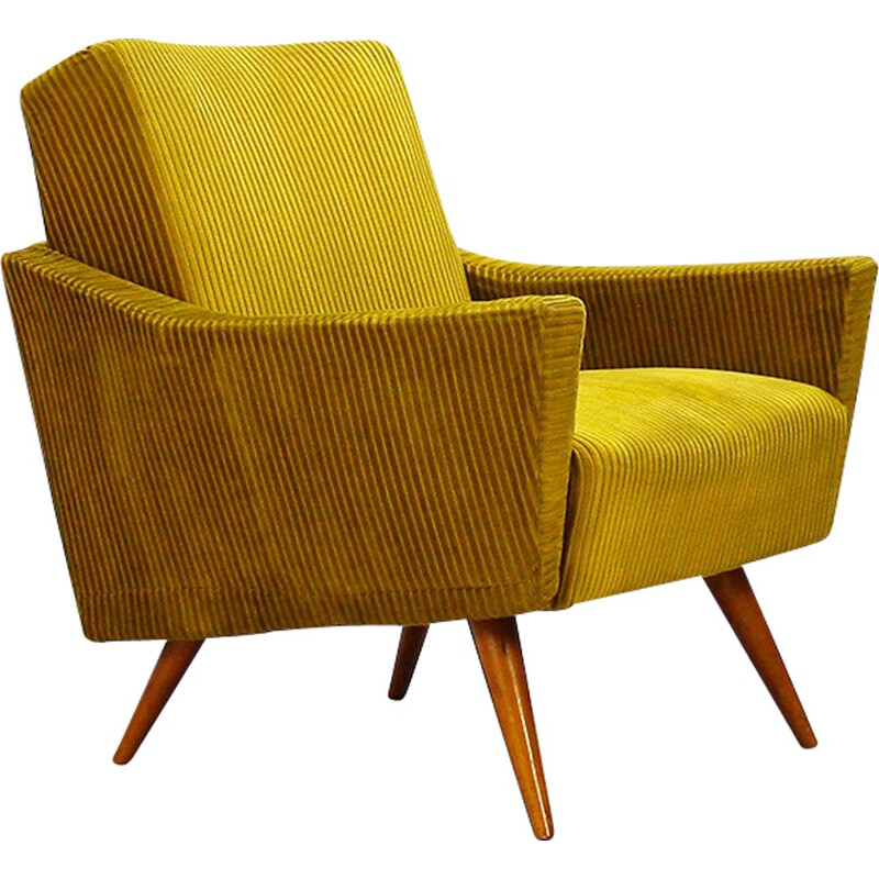 Golden mustard yellow corduroy club armchair - 1950s