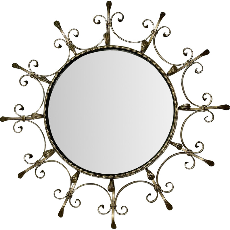 Vintage sun mirror in patinated golden wrought iron, 1960