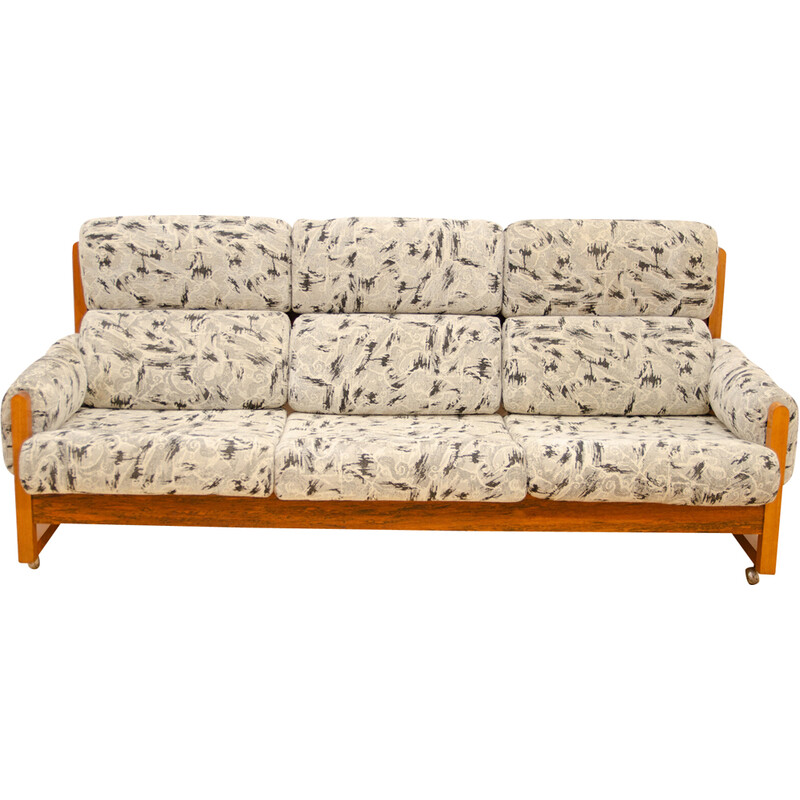 Vintage 3-seater sofa in beech wood and fabric, 1980