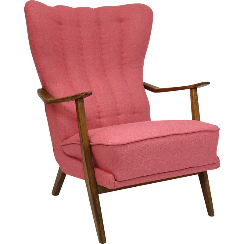 Pink Scandinavian armchair in solid oak edited by Lelievre- 1950s