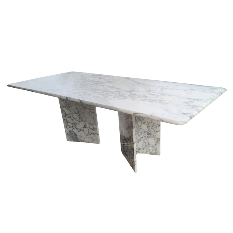 Vintage dining table in white Calacatta marble with gray veins, Italy 1970