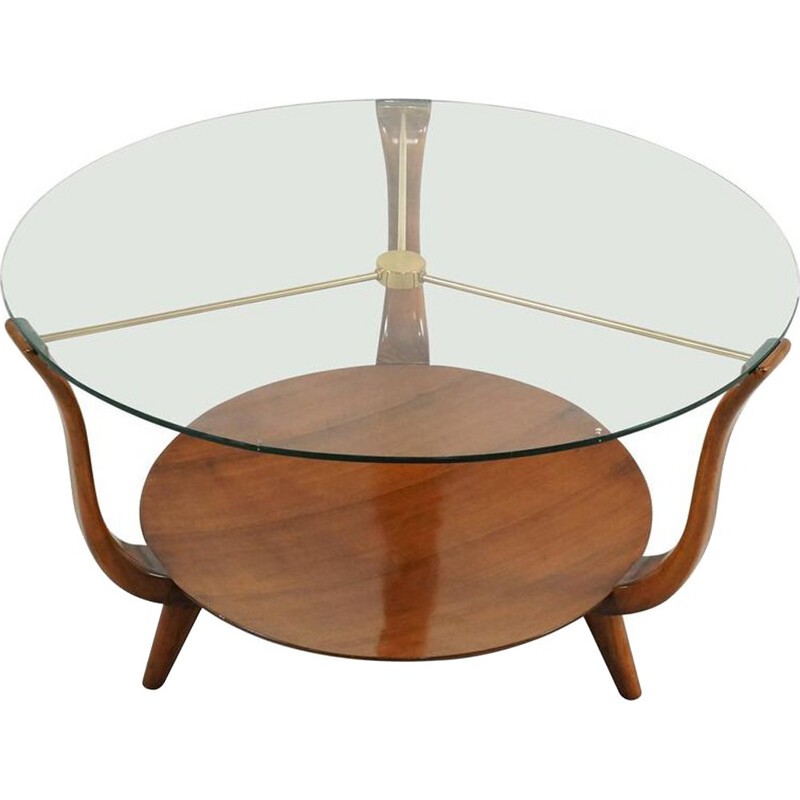 Small round Italian coffee Table in Walnut, Brass and a glass top - 1950s