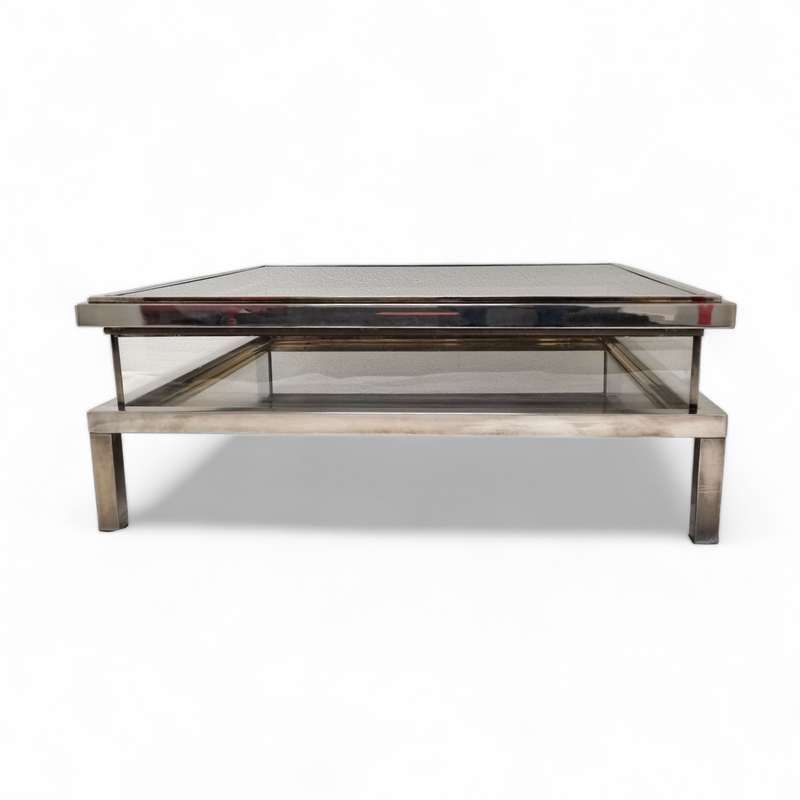 Vintage coffee table in brass and smoked brown glass for La Maison Jansen, France 1970