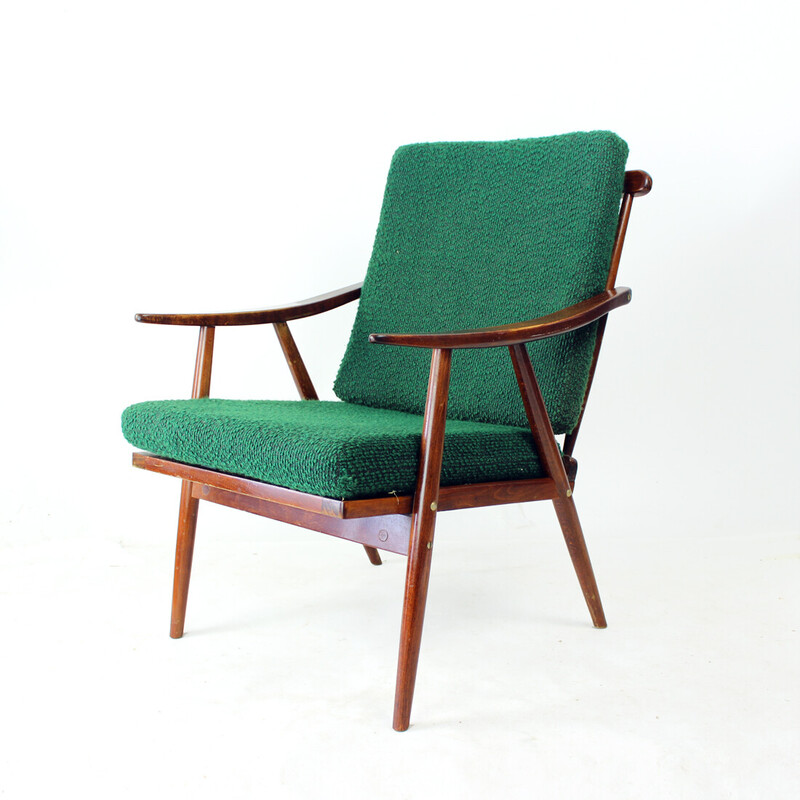 Vintage Boomerang armchair in wood and fabric for Ton, Czechoslovakia 1960