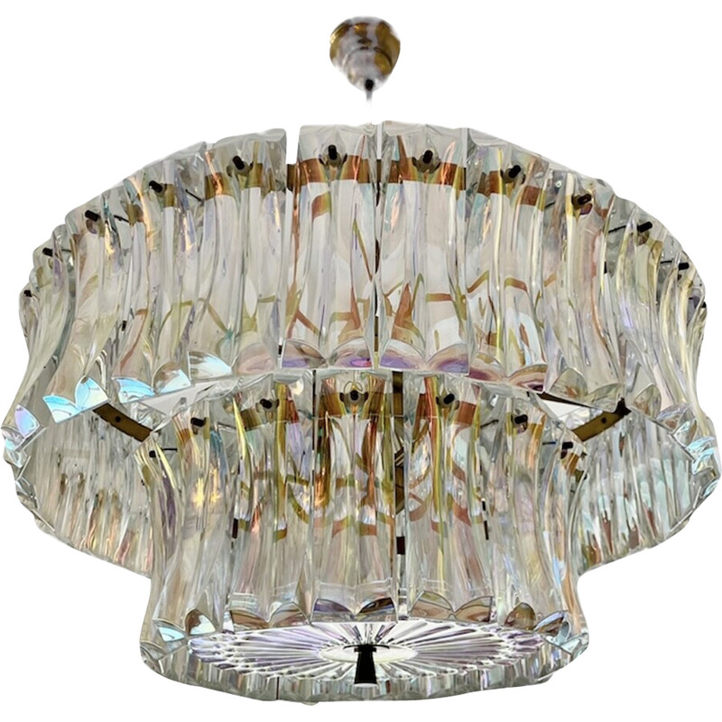 Vintage chandelier in iridescent Murano glass and brass by Venini, Italy 1950