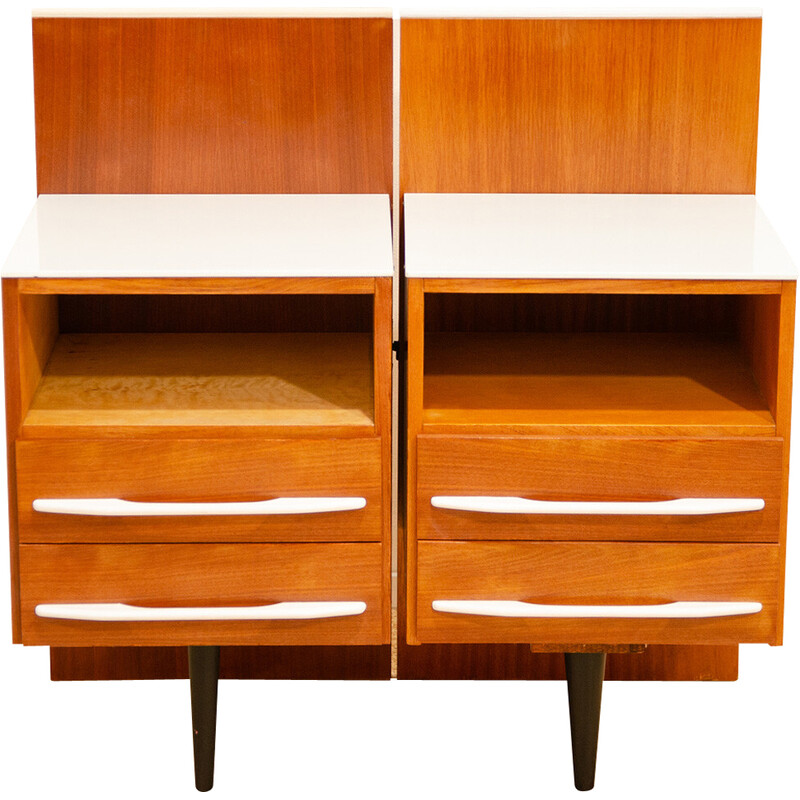Pair of vintage bedside tables in beech wood and white glass by Mojmír Požár for Up Závody, Czechoslovakia 1960