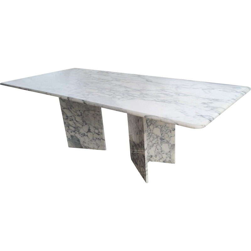 Vintage dining table in white Calacatta marble with gray veins, Italy 1970