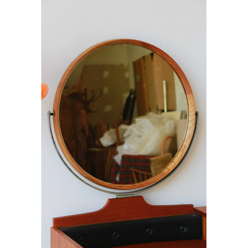 Vintage teak dressing table with a round mirror, England 1960