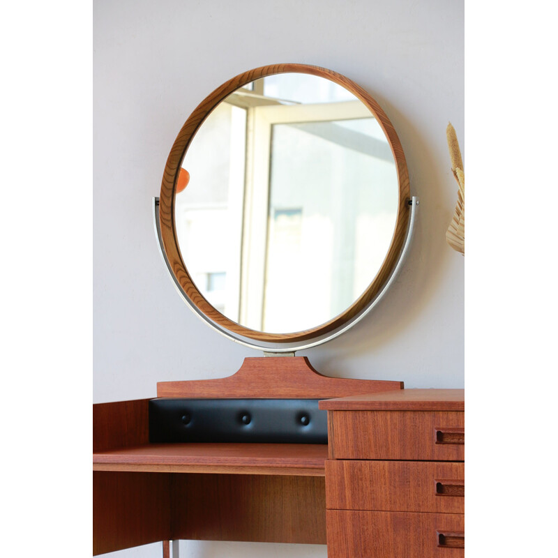Vintage teak dressing table with a round mirror, England 1960