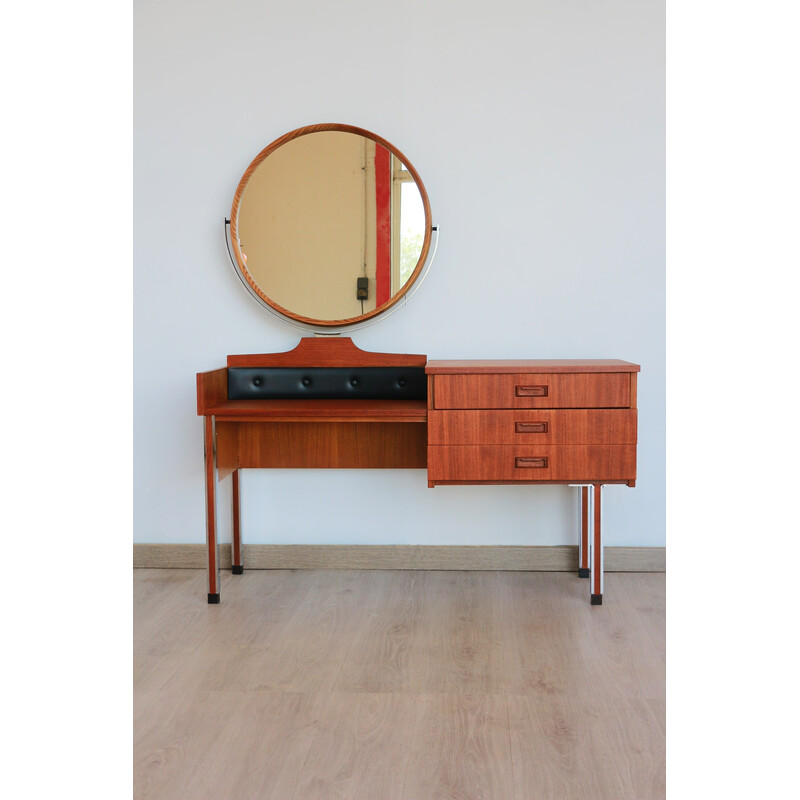 Vintage teak dressing table with a round mirror, England 1960