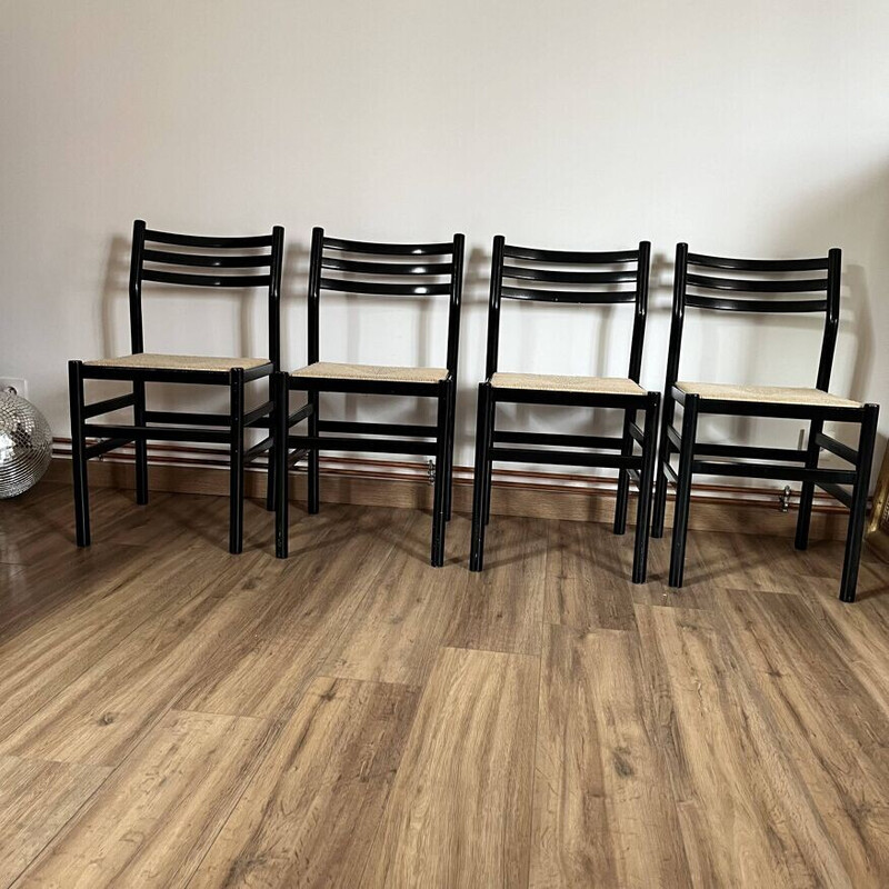 Set of 4 vintage chairs in black lacquered wood and rope, Italy 1970