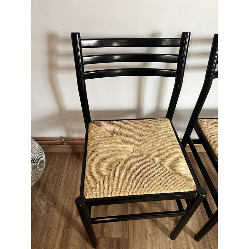 Set of 4 vintage chairs in black lacquered wood and rope, Italy 1970