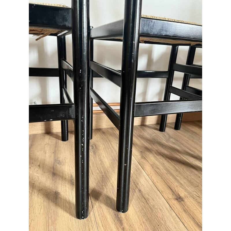 Set of 4 vintage chairs in black lacquered wood and rope, Italy 1970