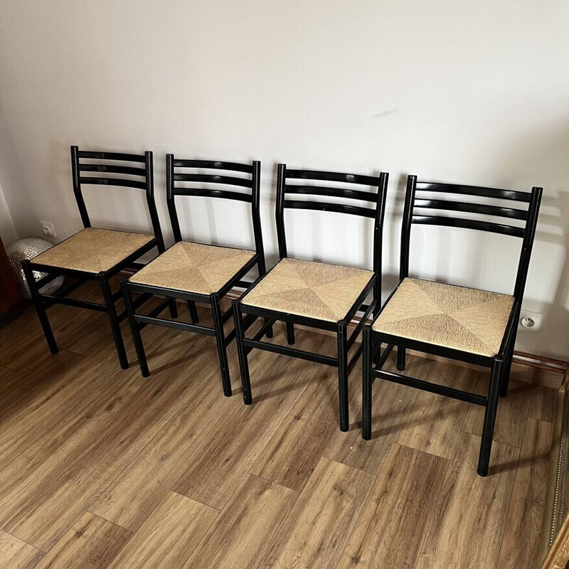 Ensemble de 4 chaises vintage en bois laqué noir et corde, Italie 1970