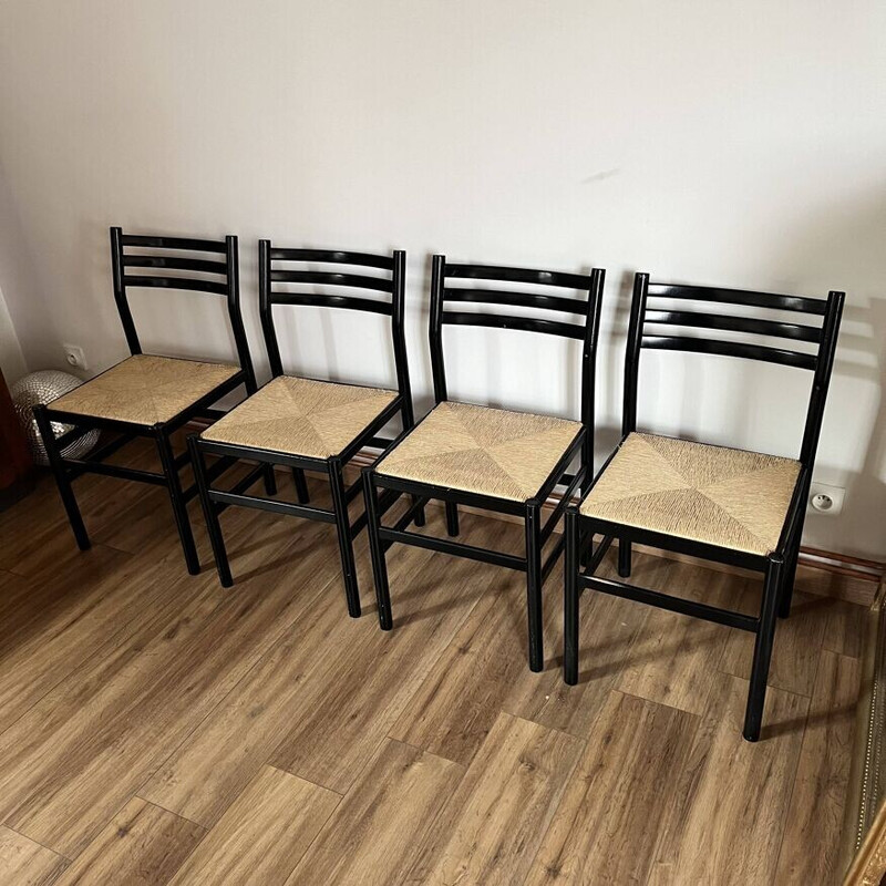 Set of 4 vintage chairs in black lacquered wood and rope, Italy 1970