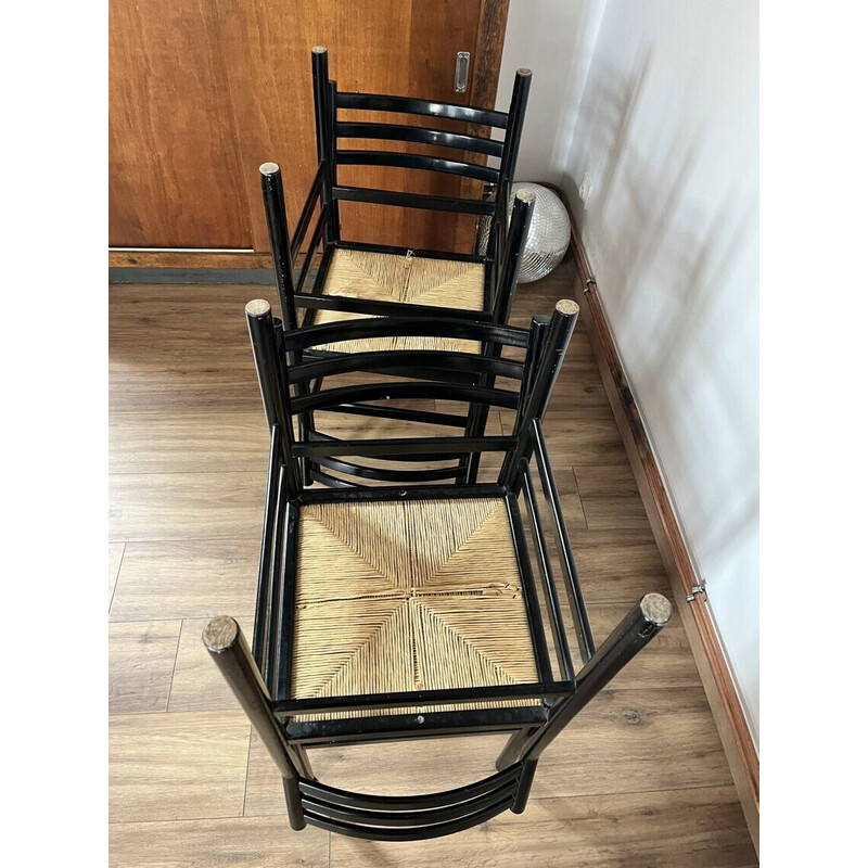 Set of 4 vintage chairs in black lacquered wood and rope, Italy 1970