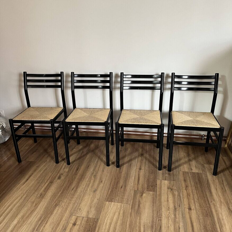 Conjunto de 4 cadeiras vintage em madeira lacada a preto e corda, Itália 1970