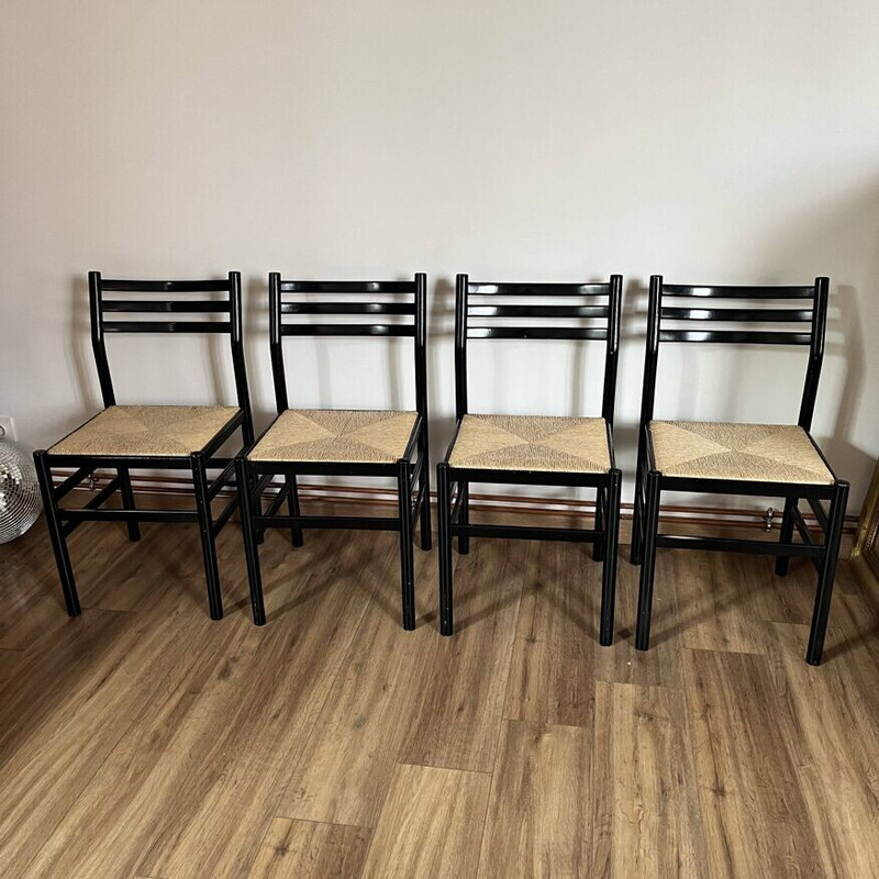 Ensemble de 4 chaises vintage en bois laqué noir et corde, Italie 1970