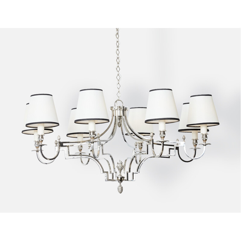 Vintage nickel-plated metal chandelier with 8 arms for La Maison Charles, 1960