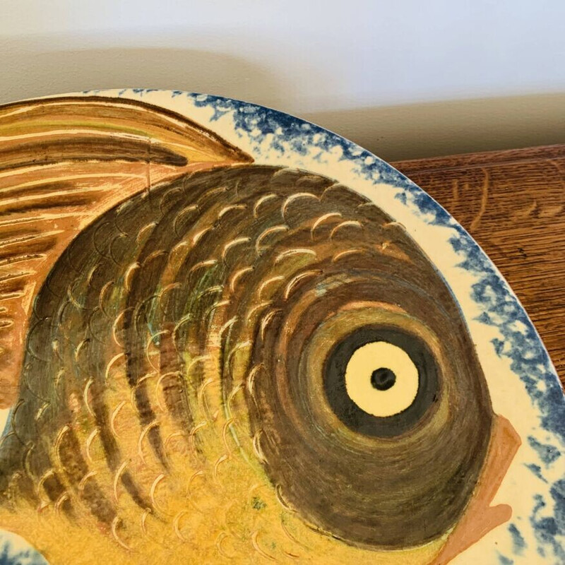 Plat vintage en céramique à décor de poisson de Puigdemont, Espagne 1960