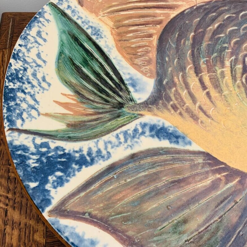 Plato de cerámica vintage con decoración de peces de Puigdemont, España 1960