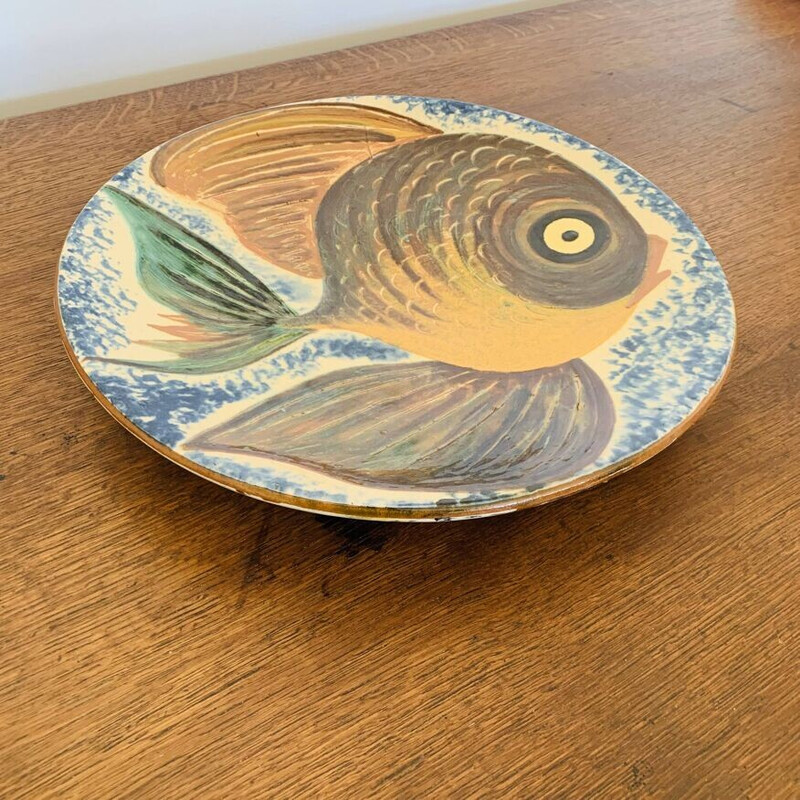 Vintage ceramic dish with fish decoration from Puigdemont, Spain 1960