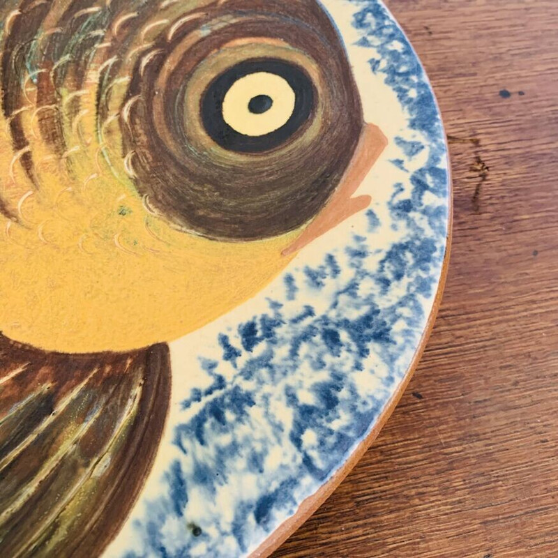 Plat vintage en céramique à décor de poisson de Puigdemont, Espagne 1960