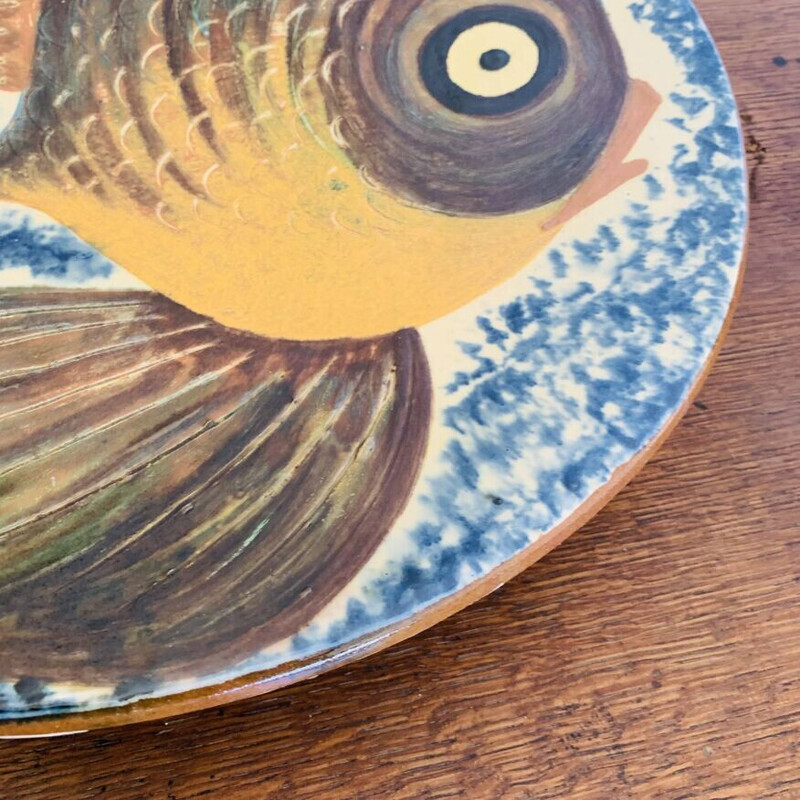 Vintage ceramic dish with fish decoration from Puigdemont, Spain 1960